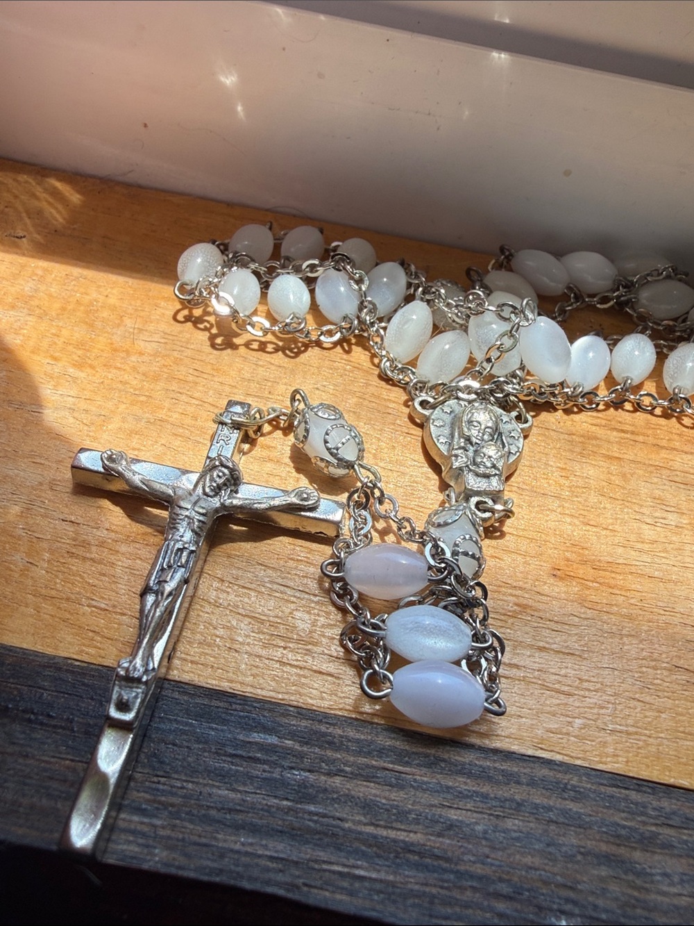 Silver-tone Crucifix Pendant Necklace with White  milk glass style beads